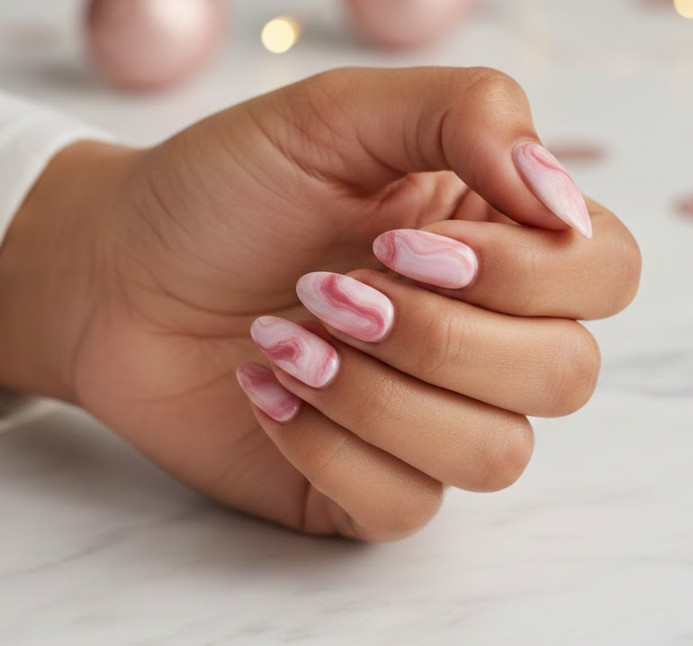 Pink nails with three shades blended like marble, each nail slightly different