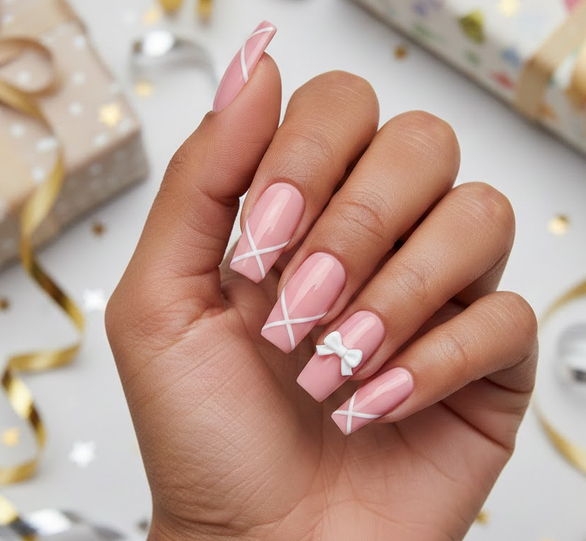 Pink nails designed like a wrapped gift, diagonal ribbon lines with a small bow