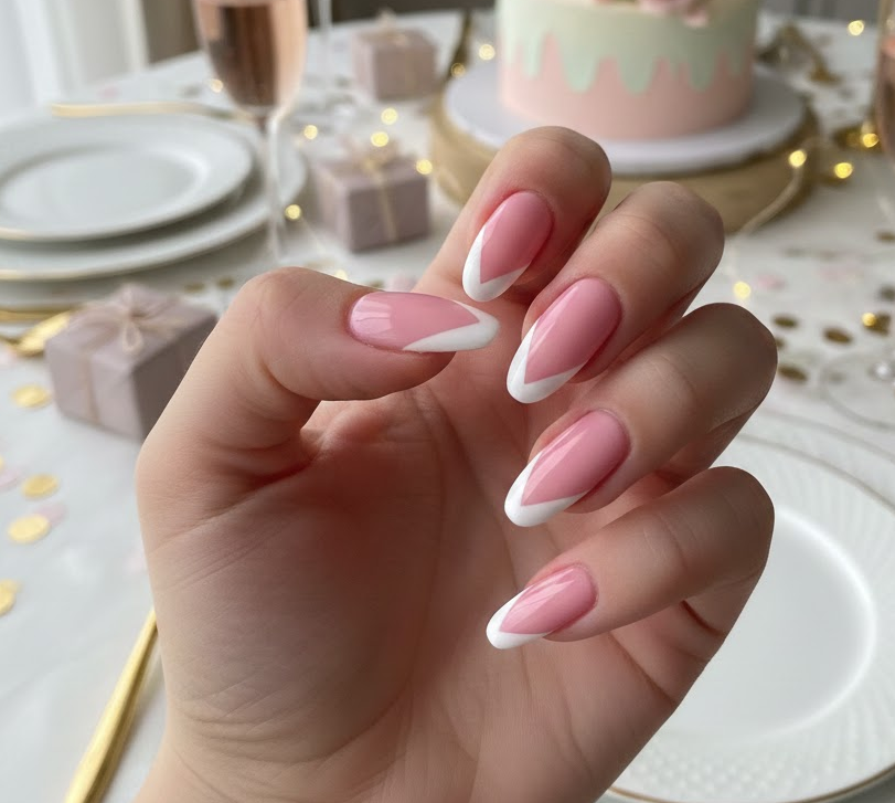 Pink nails with modern V-shaped tips, fingers look longer and stylish