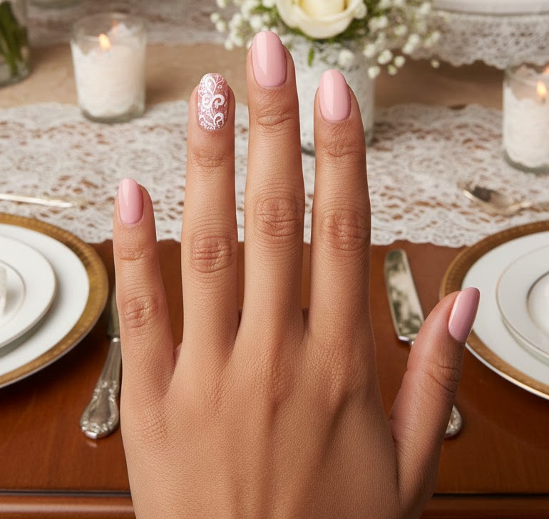 Pink nails with delicate white lace on one finger, fancy and elegant