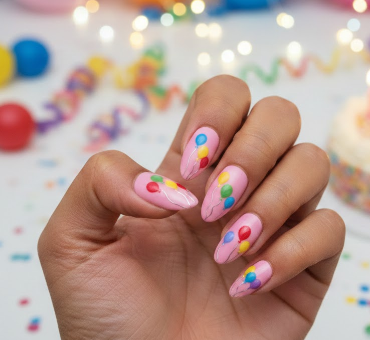 Pink nails with tiny balloons floating upwards, realistic strings and playful design