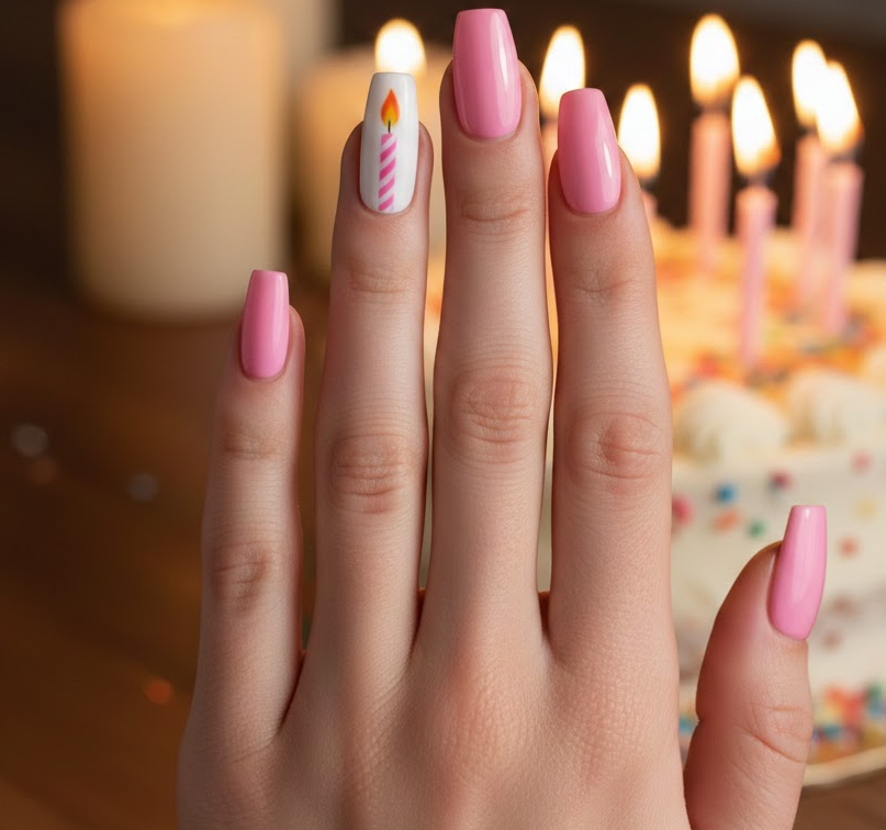Pink nails with a candle design on one finger, perfect for birthday wishes