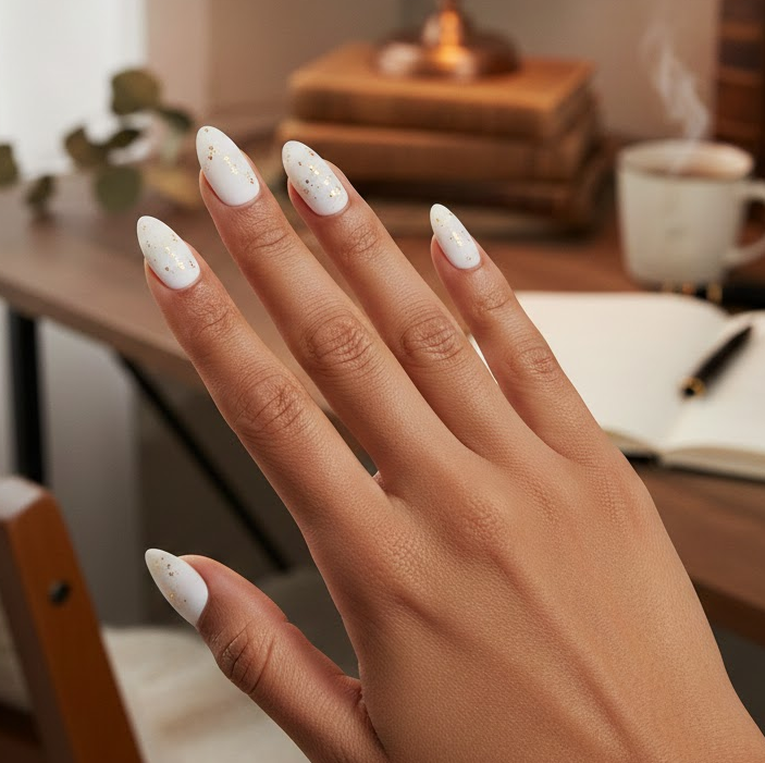 Soft velvety white nails dotted with golden specks, chic and Instagram-ready during Valentine’s Week