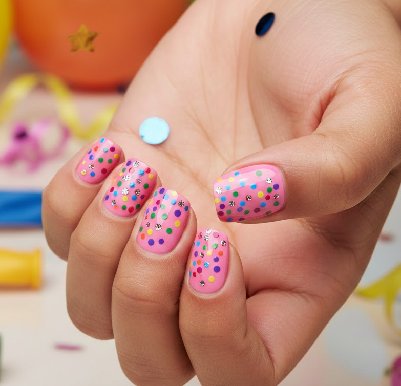 Pink nails with colorful dots shooting out from one corner like confetti