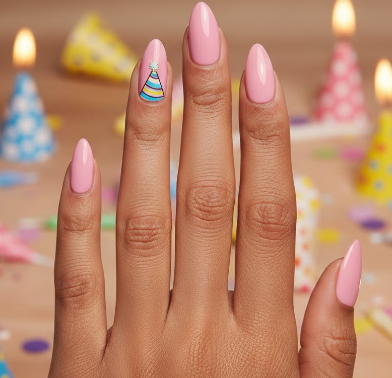 Pink nails with a small party hat on one nail, fun and festive