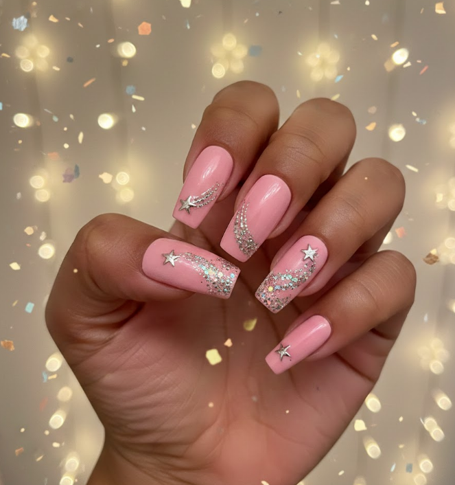 Pink nails with a silver shooting star and sparkling trail, magical birthday design