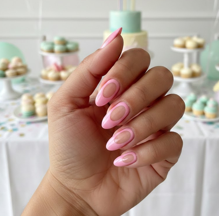 Pink nails showing natural nail in the center while edges are pink, modern minimalist trend