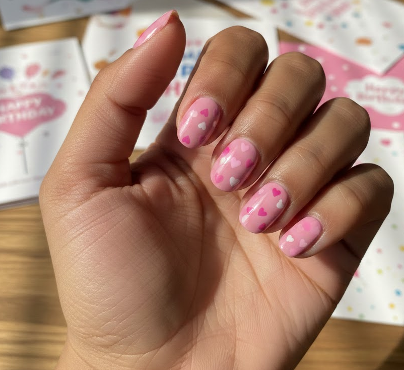 Pink nails with tiny scattered hearts, innocent and cute look