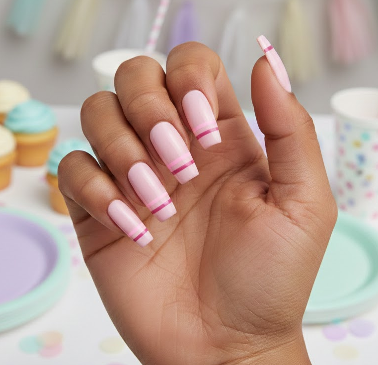 Pink nails with two French tip lines, dark pink and light pink, sharp and stylish