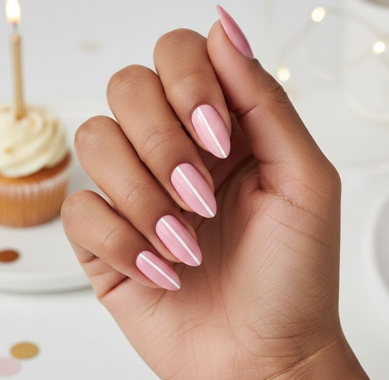 Pink nails with a single straight white stripe down the middle, simple and elegant
