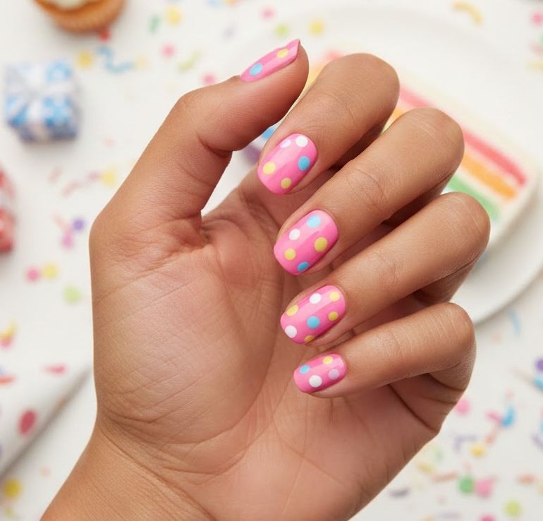 Pink nails with big spaced polka dots, retro and playful design