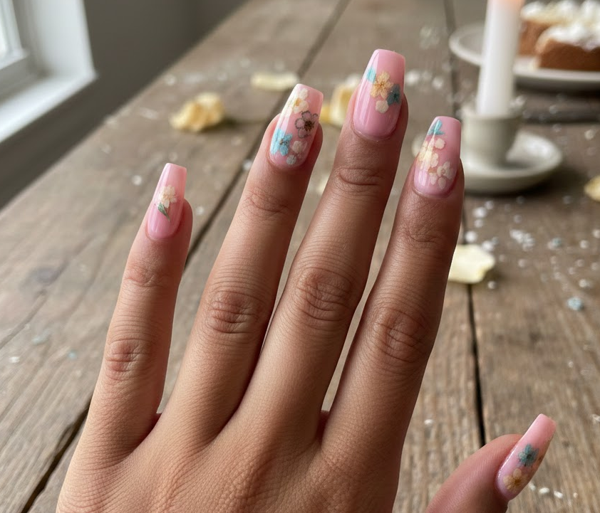 Pink nails with tiny real dried flowers embedded inside, delicate and precious