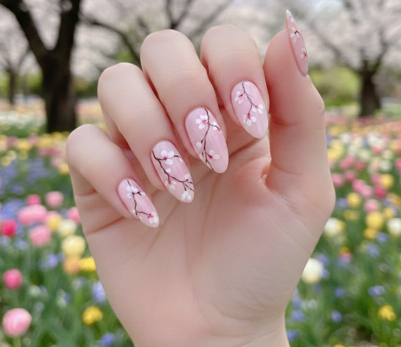 Pink nails with a fine branch and blooming cherry blossoms, soft and feminine