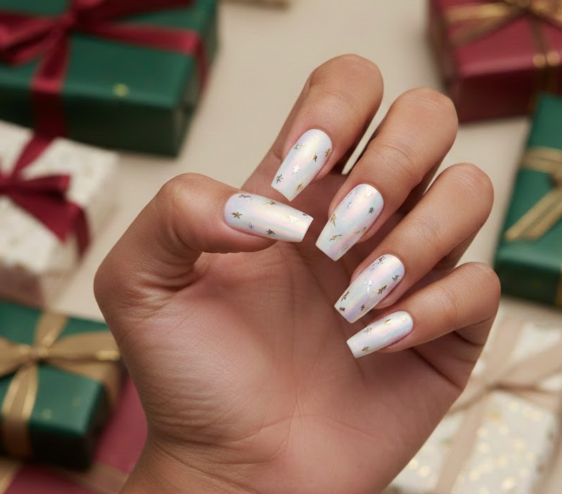 White holographic nails with tiny metallic arrow motifs, sparkling subtly with every movement