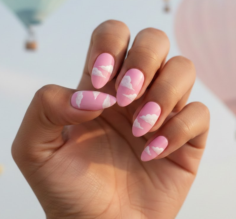 Pink nails with white clouds floating across, calming and cute design