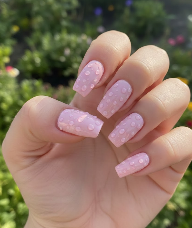 Pink nails with tiny dew drops that look real, shimmering when hand moves