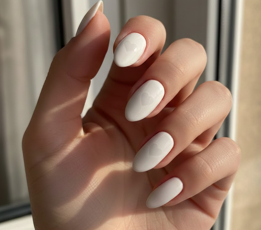 Pristine white nails with faint heart shadows visible at certain angles, understated and romantic