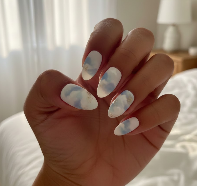 Soft matte white nails with airy cloud designs and a hint of gold shimmer, delicate and romantic—classic white valentine nails