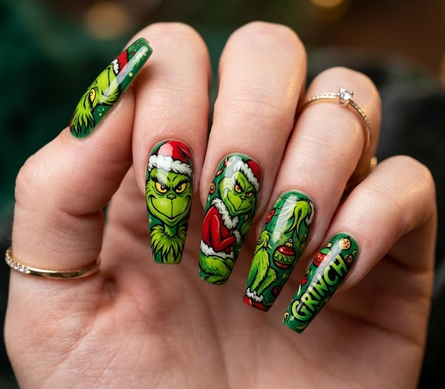 Full body Grinch illustration in bold green, playful cartoon style.