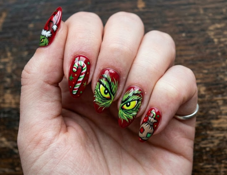 Red glossy base with Grinch’s eyes peeking playfully