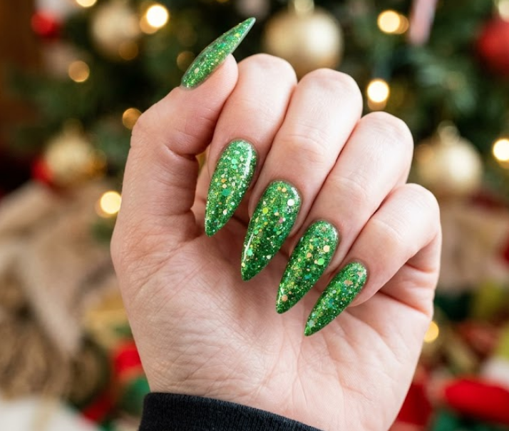 Glittery green polish with playful Grinch vibe.