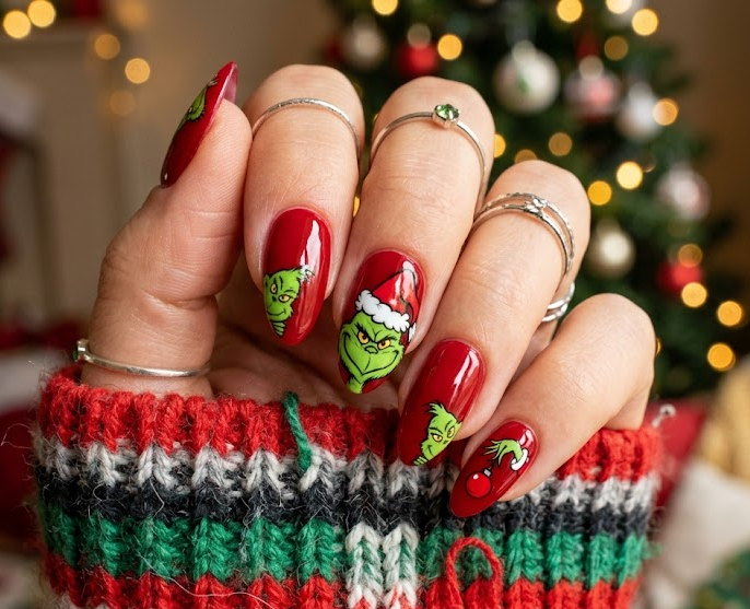 Glittery green polish with playful Grinch vibe.