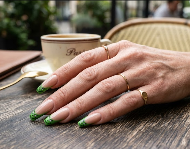Glittery green polish with playful Grinch vibe.