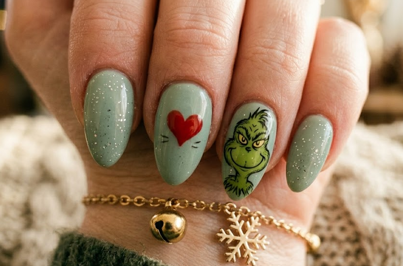 Soft green base with a small growing red heart and tiny Grinch illustration.