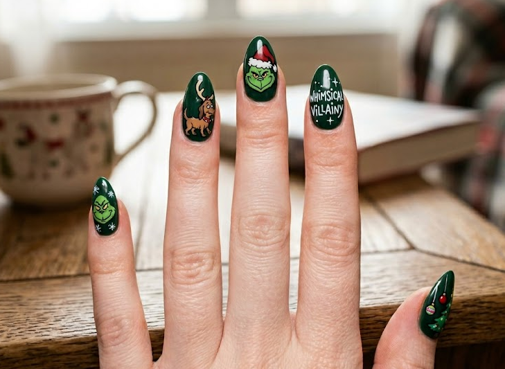 Pastel green base with Grinch gently interacting with Cindy Lou Who