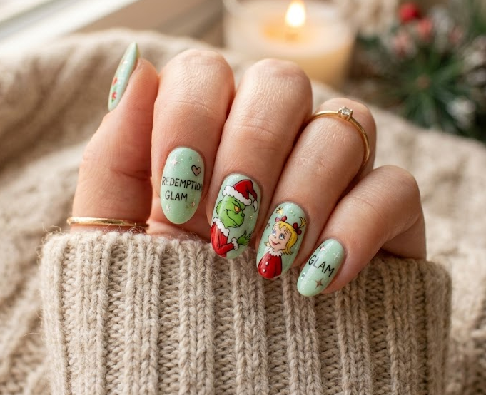 Pastel green base with Grinch gently interacting with Cindy Lou Who
