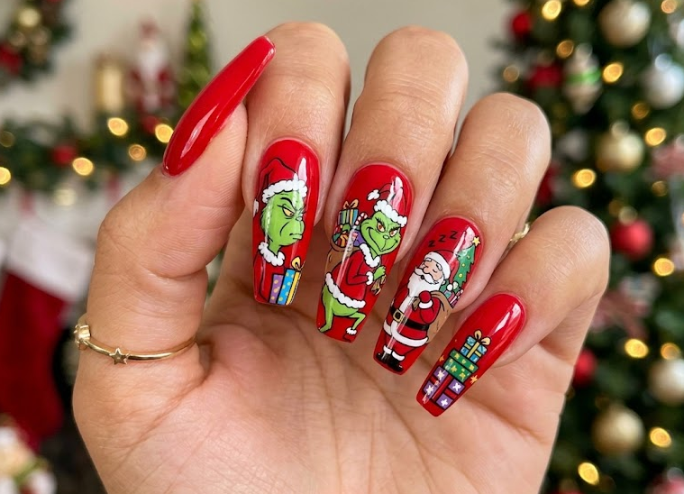 Red glossy base showing Grinch sneaking gifts from Santa.