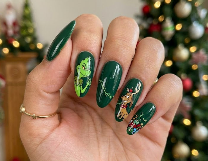 Green base with Grinch playfully pulling Max like a tiny reindeer.