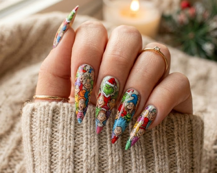 Colorful base with Grinch surrounded by the Whoville crowd, festive vibe.