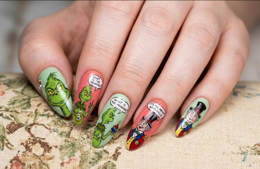 Colorful base with Grinch surrounded by the Whoville crowd, festive vibe.