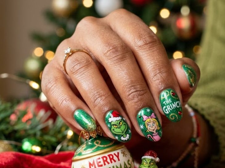 Emerald green base with Grinch connecting with Lou Lou Who, heartwarming scene.