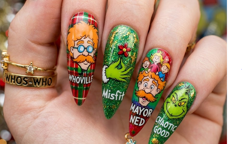 Green and red base with Grinch meeting Ned McDodd, chaotic and fun.