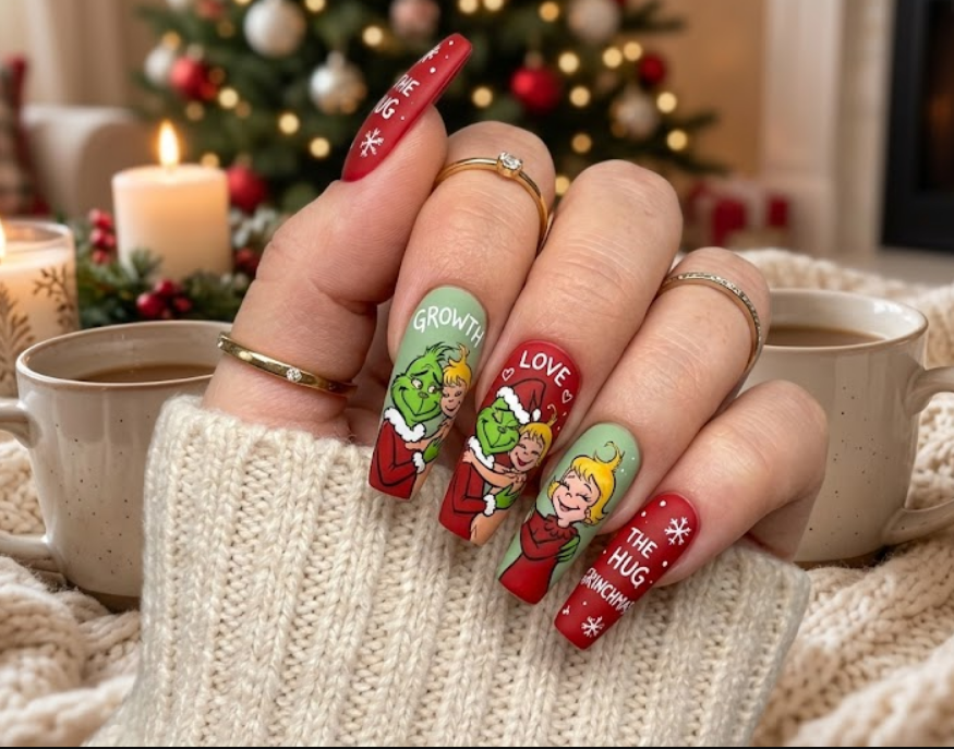 Soft green and red base showing Grinch receiving a hug from Betty Lou Who.