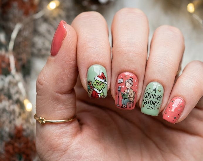 Pastel red and green base with Grinch alongside Narrator illustration, storytelling vibe.