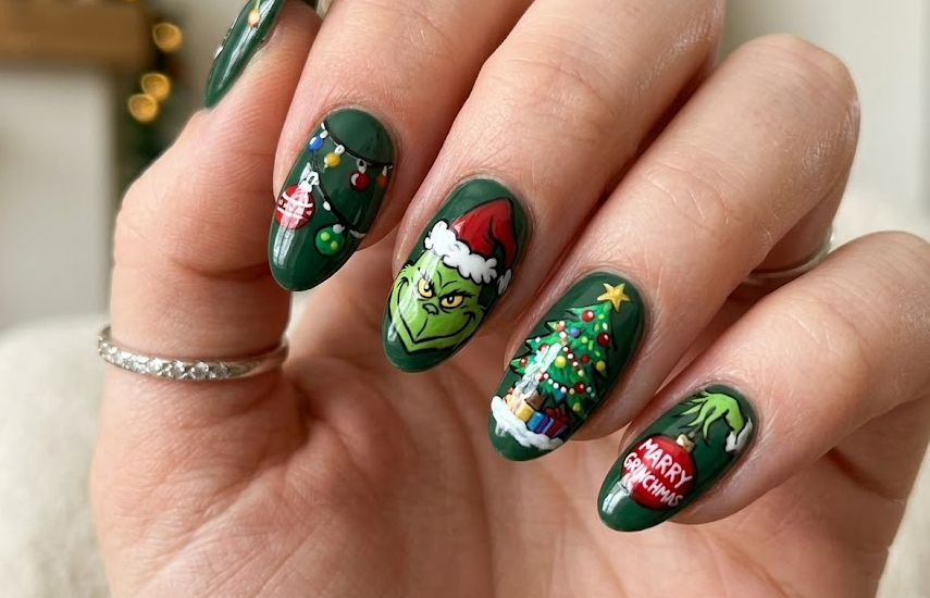 Deep green base with Grinch sneaking around a decorated Christmas tree.