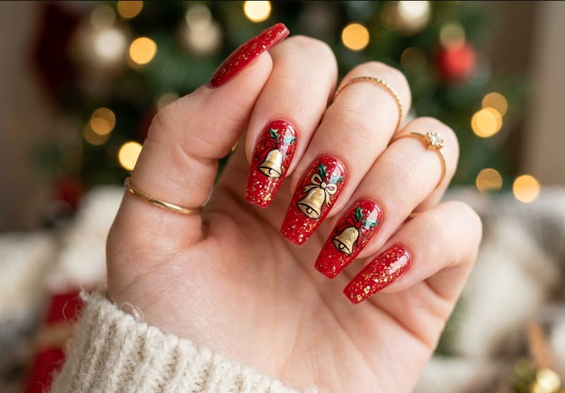 Red and gold base with tiny sparkling bells.
