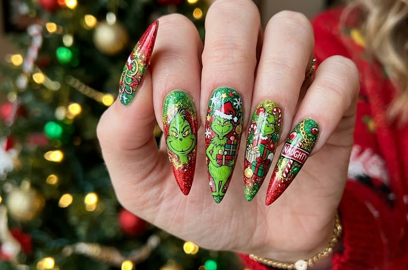 Red-green base with Grinch holding gifts, playful festive vibe