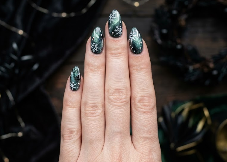 Icy green and white base with Grinch and snowflakes.