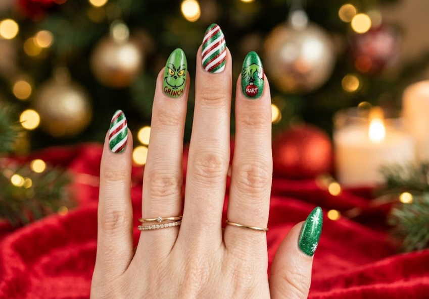 Soft green base with Grinch holding a candy cane.