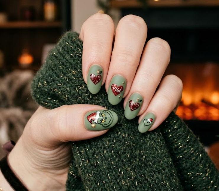Soft green base with a growing red heart and Grinch illustration.