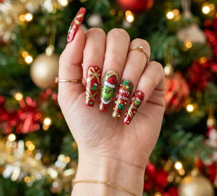 Red and gold ribbons twirling around Grinch illustration.