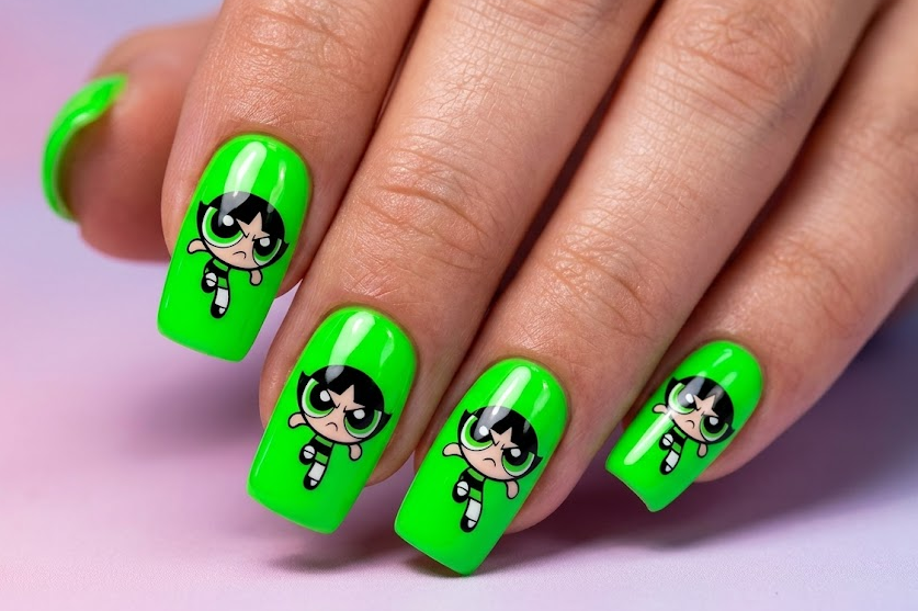 Buttercup nails on neon green base, bold and energetic Powerpuff Girls design