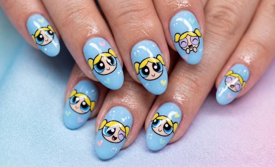 Bubbles nails on baby blue base, cheerful and bubbly Powerpuff Girls design