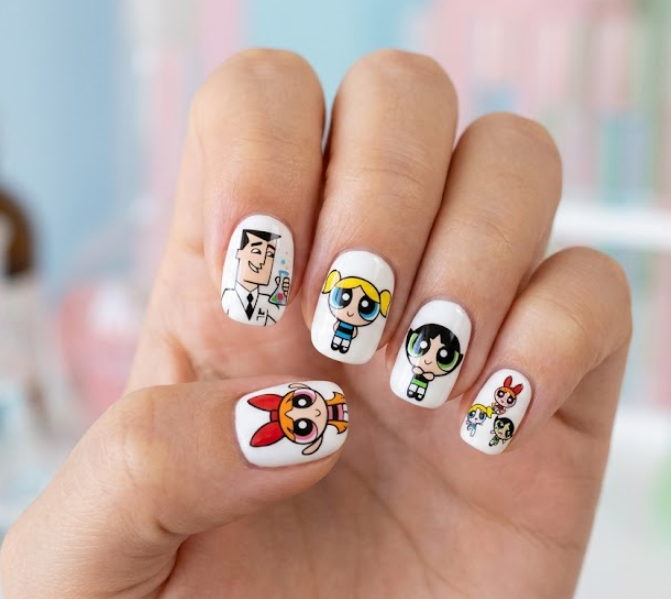 Professor Utonium nails with 1–3 Powerpuff Girls, clean and smart design