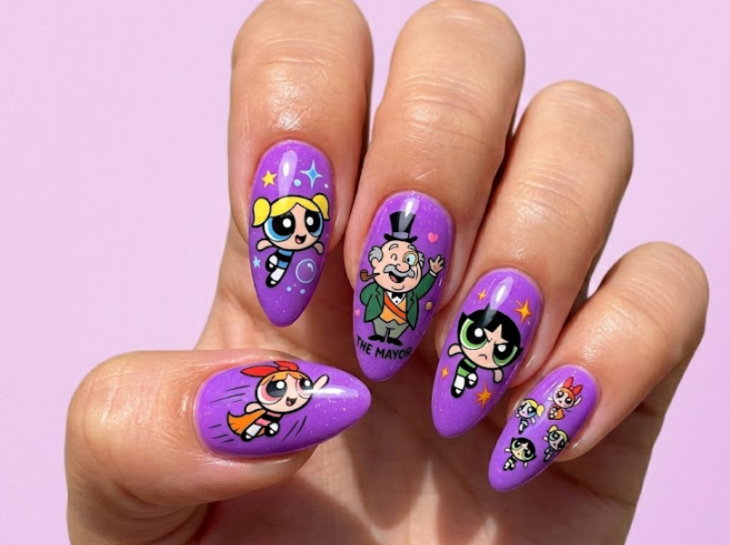 Mayor nails with 1–2 Powerpuff Girls, quirky and fun cartoon design