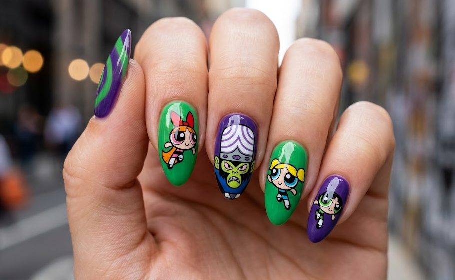 Mojo Jojo nails on purple and green base with Powerpuff Girls